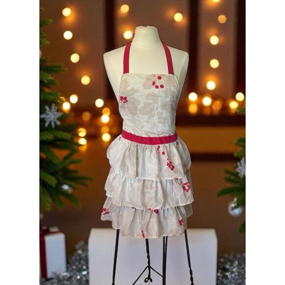 VTG Christmas Retro Frilly Ruffle Patchwork Apron Pinafore Fairy Coquette Holly - Picture 1 of 10